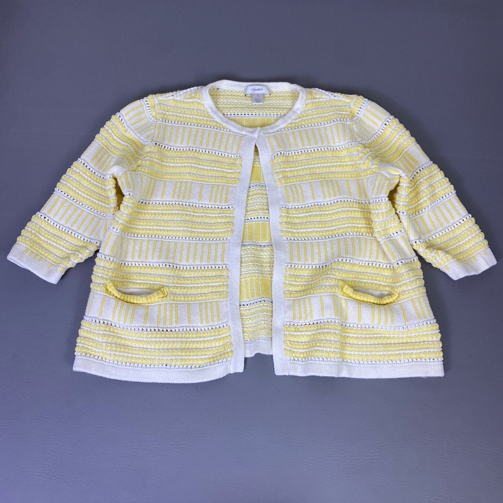 cj banks Cardigan Sweater Jacket Women's 1X Yellow White Striped Textured Cotton